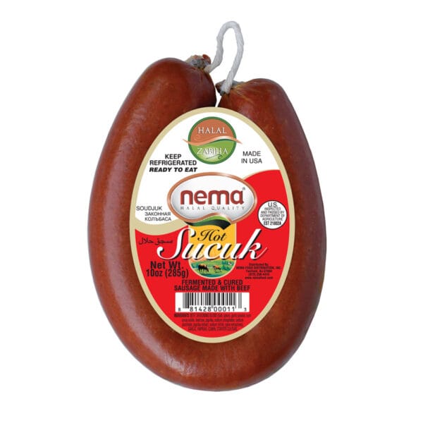 Image of Nema Hot Sucuk – 10 oz halal Zabiha fermented beef sausage, cured and spiced, ready to eat with bold garlic and chili flavor.