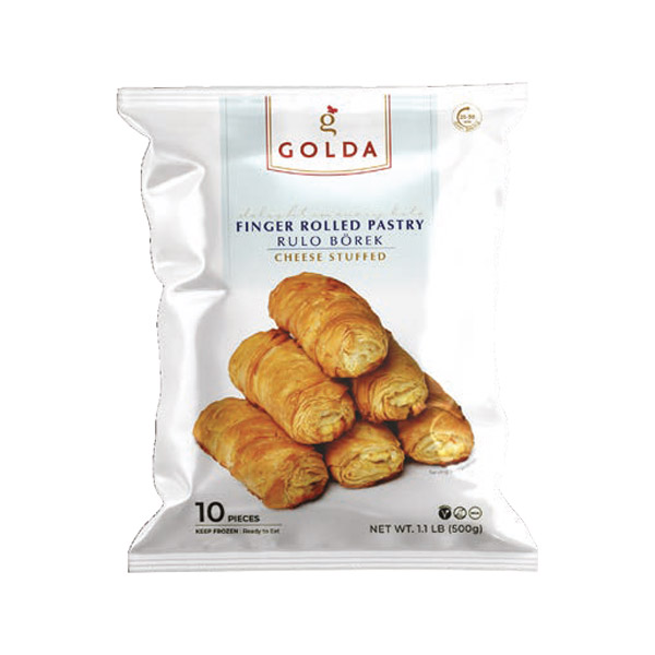 Golda Rulo Börek cheese-filled Turkish finger pastries in white package with 10 ready-to-bake pieces.