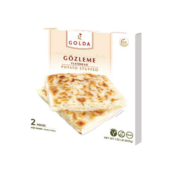 Golda potato stuffed gözleme flatbread in white box packaging – halal and vegetarian.