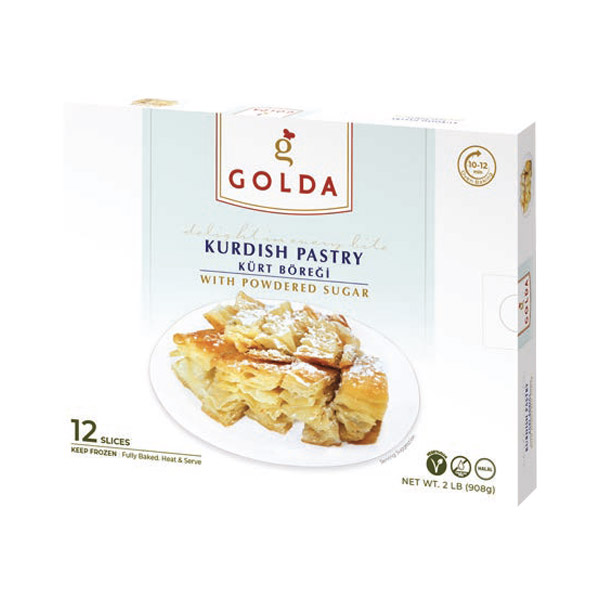 Box of Golda Kurdish Pastry (Kürt Böreği) with powdered sugar – 12 flaky slices.