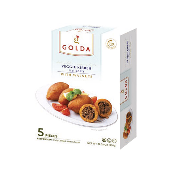 Box of Golda Veggie Kibbeh with walnuts, Turkish-style içli köfte, served on a white plate with garnish.