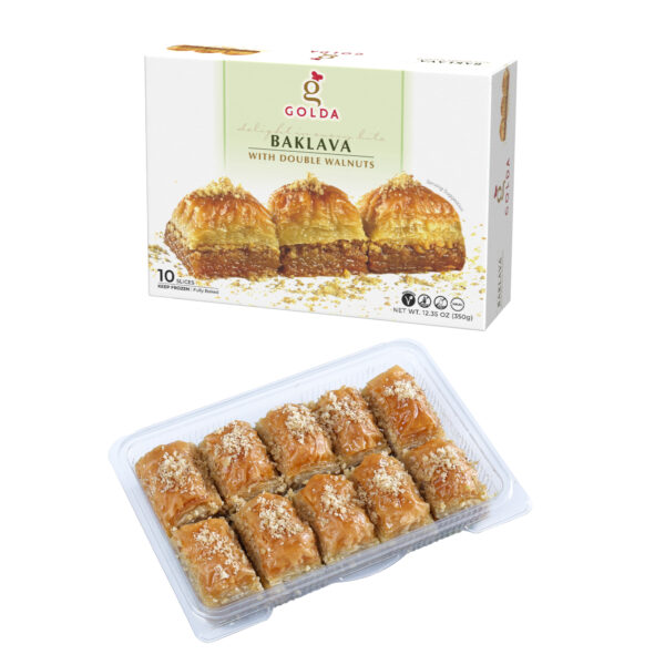 Image of Golda Double Walnut Baklava – 10 pieces of golden Turkish dessert in a plastic tray.