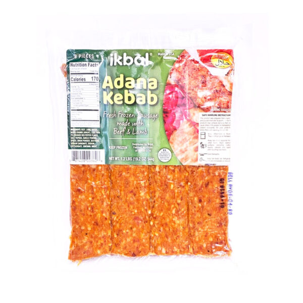 Pack of Ikbal Adana Kebab frozen Turkish-style spicy beef & lamb skewers.