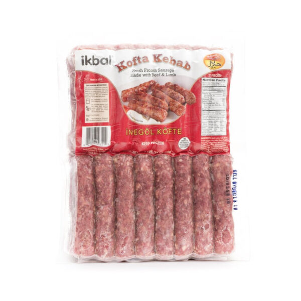 Pack of Ikbal Inegöl Kofta Kebab frozen Turkish-style beef and lamb meatballs in elongated shape.