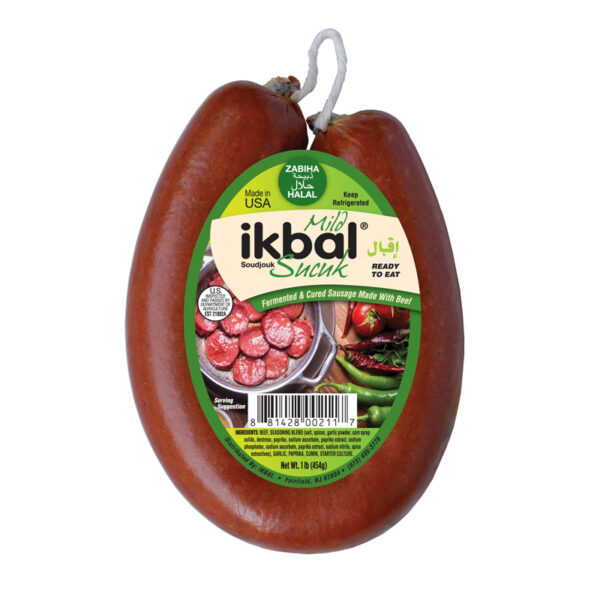 Image of Ikbal Ring Mild Sujuk – 1 lb halal Zabiha Turkish-style fermented beef sausage in ring shape with green label.