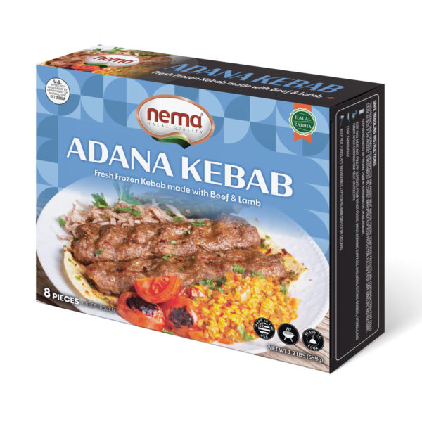 Box of Nema Adana Kebab frozen Turkish-style beef & lamb skewers with rice, tomatoes, and parsley on the side.