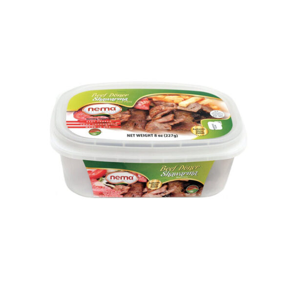Container of Nema Beef Doner Shawarma – Turkish-style cooked and sliced halal beef with label showing serving suggestion.