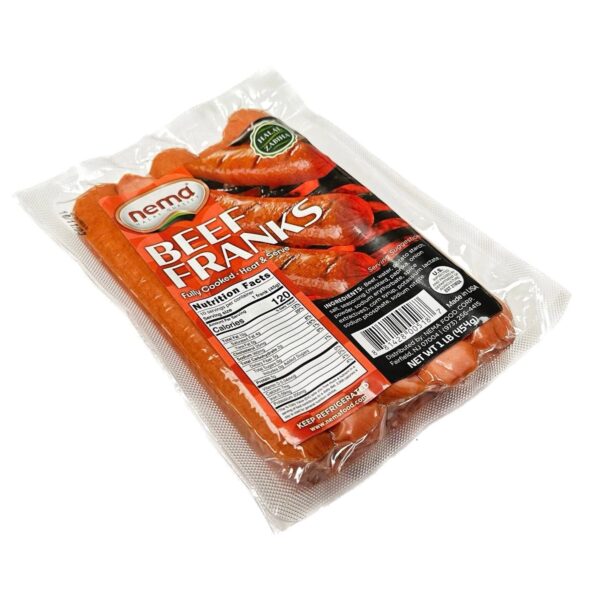 Image of Nema Beef Franks – 1 lb pack of halal Zabiha fully cooked beef hot dogs in vacuum-sealed packaging.