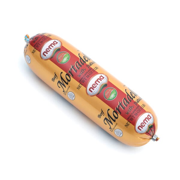 Image of Nema Beef Mortadella with Pistachios – 1 lb halal Zabiha beef deli meat log, seasoned with traditional spices and whole pistachio nuts.