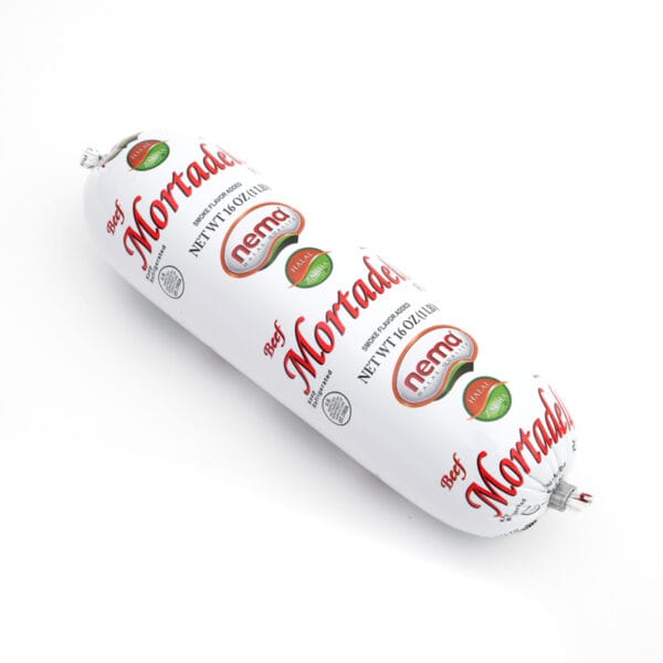 Image of Nema Beef Mortadella Plain – 16 oz halal Zabiha deli-style beef sausage in white packaging with mild flavor.