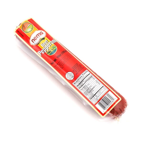 Image of Nema Beef Pepperoni – 10 oz stick of halal Zabiha all-beef pepperoni, dry-cured and seasoned with paprika, garlic, and spices.