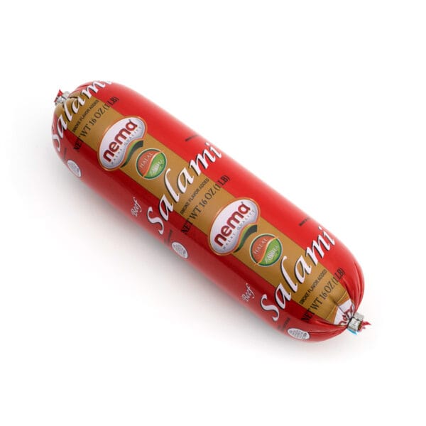 Image of Nema Beef Salami – 16 oz halal Zabiha smoked beef salami log in red packaging, ready to slice and serve.