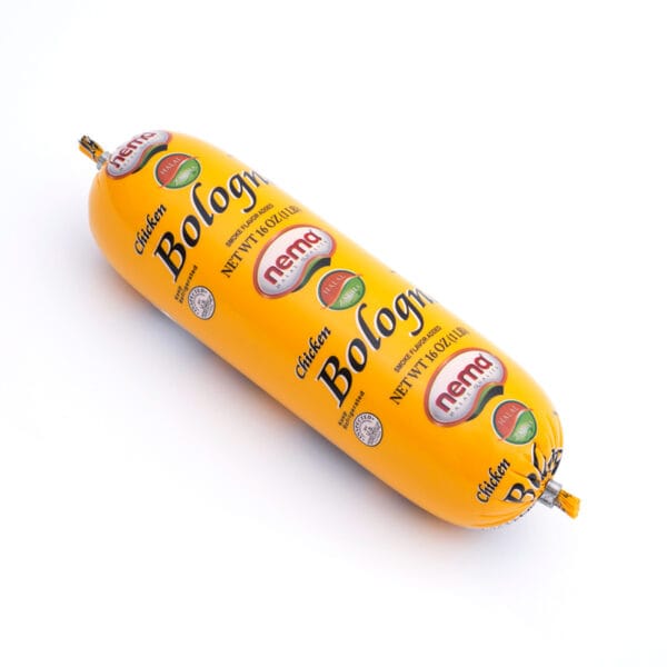 Image of Nema Chicken Bologna – 16 oz halal Zabiha deli-style chicken bologna in yellow packaging, smoke-flavored and ready to serve.