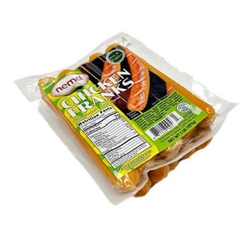Image of Nema Chicken Franks – 1 lb pack of halal Zabiha fully cooked chicken hot dogs in green vacuum-sealed packaging.