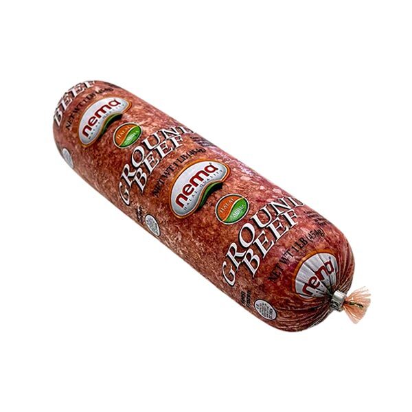 Image of Nema Ground Beef – 1 lb halal Zabiha ground beef roll, vacuum-sealed and labeled for USDA and halal certification.