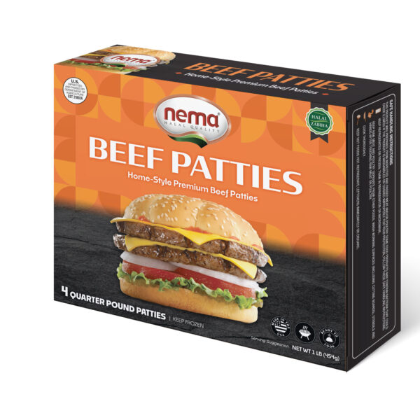 Box of Nema Halal Beef Burger Patties with image of a double cheeseburger on a sesame seed bun.