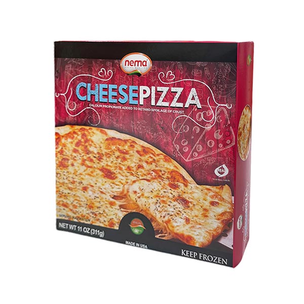 Nema halal frozen cheese pizza with melted mozzarella and golden-baked crust, ready for toppings.