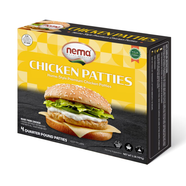 Box of Nema Chicken Burger Patties with a sandwich featuring lettuce, cheese, and a sesame seed bun.