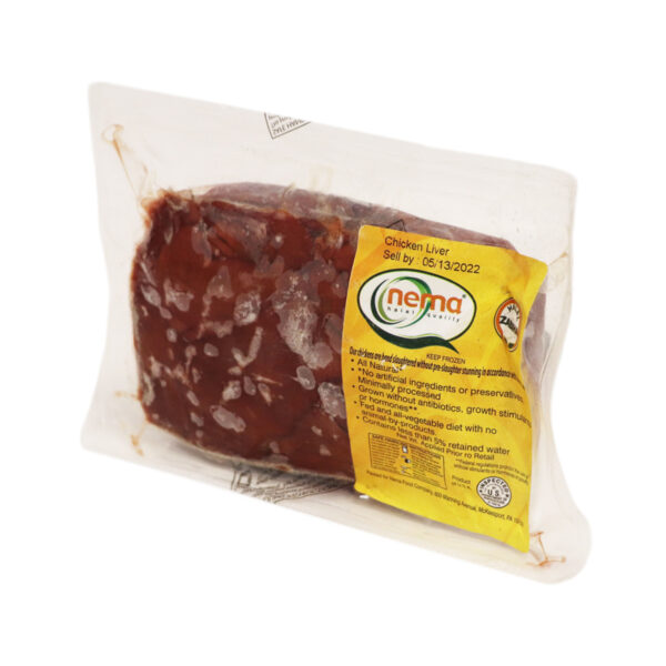 Nema halal chicken liver frozen in vacuum-sealed pack, hand-slaughtered and hormone-free.
