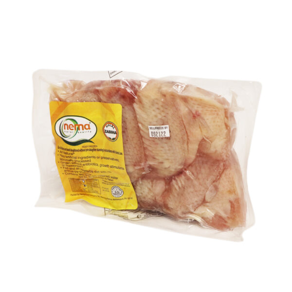 Nema frozen halal chicken thighs in vacuum-sealed packaging, hand-slaughtered and hormone-free.