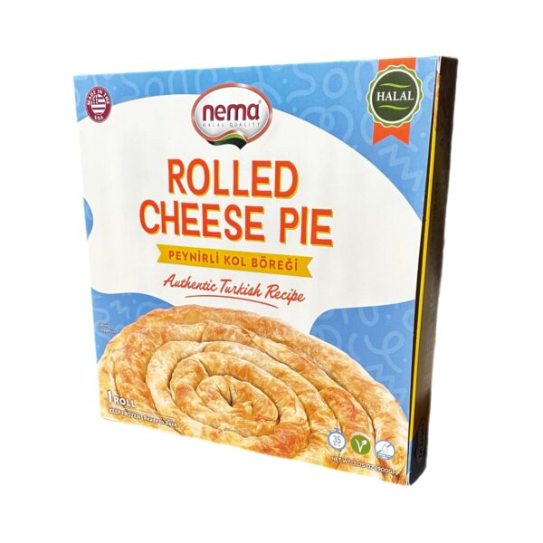 Nema halal spiral rolled cheese pie with golden crust and creamy ricotta, feta, and mozzarella filling.
