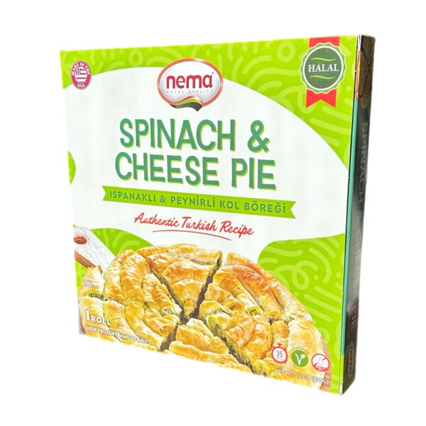 Nema halal spinach and cheese pie börek with golden crust and layered spinach-cheese filling.