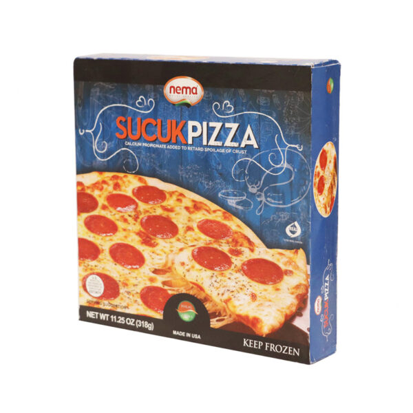 Box of Nema frozen sucuk pizza topped with beef sausage slices and melted cheese, 9-inch size.