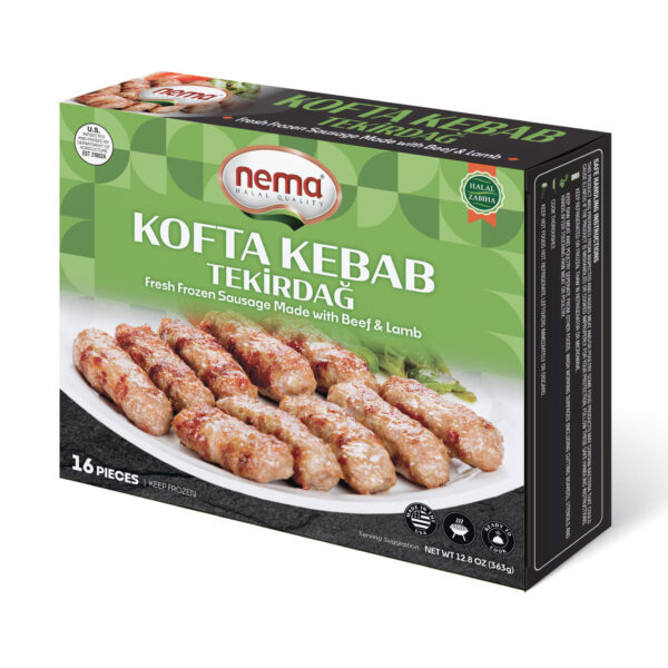 Box of Nema Kofta Kebab Tekirdağ – frozen Turkish beef meatballs served on a plate with greens.
