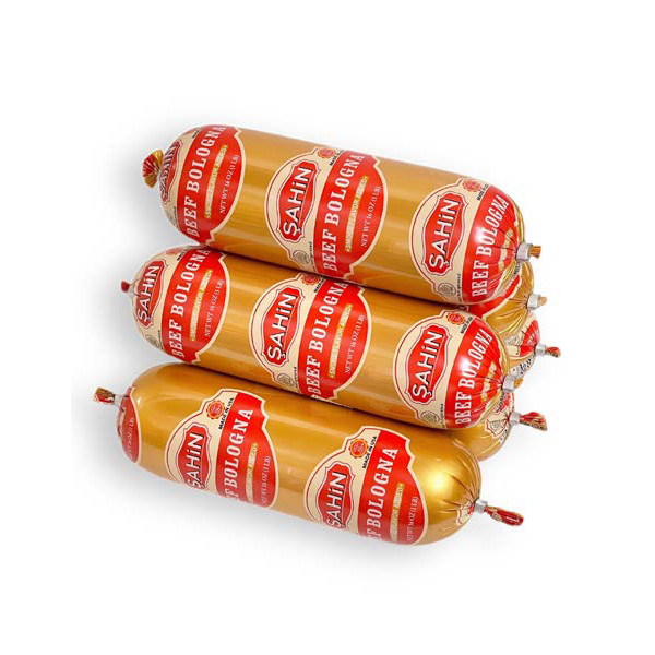 Image of Şahin Beef Bologna – 1 lb halal Zabiha smoked beef bologna in gold and red vacuum packaging.