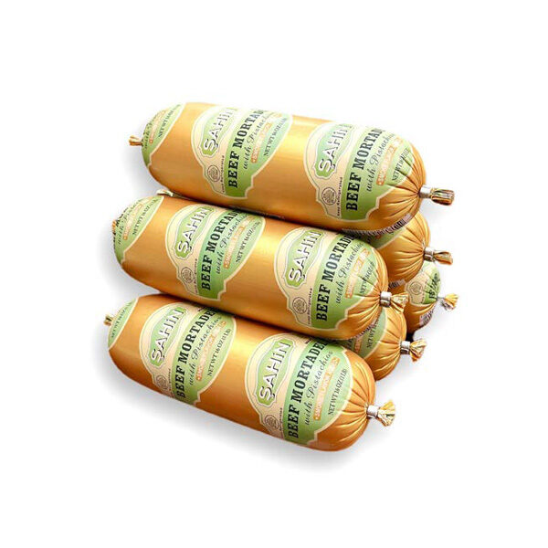 Image of Şahin Beef Mortadella with Pistachios – 1 lb halal Zabiha smoked deli sausage in gold and light green packaging.