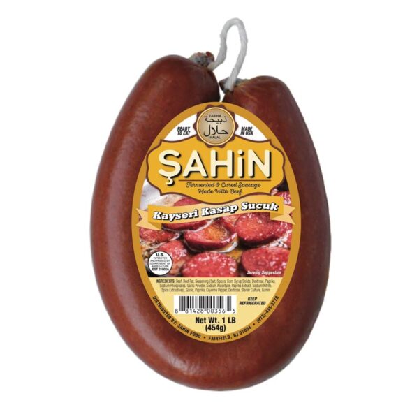 Image of Şahin Kayseri Kasap Sucuk – 1 lb halal Zabiha Turkish-style beef sujuk in ring form with golden label.